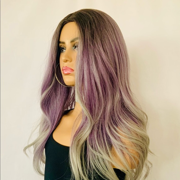 Long Gorgeous Plum Berry & Grey “Put On & Go” Synthetic Wig - Picture 6 of 9